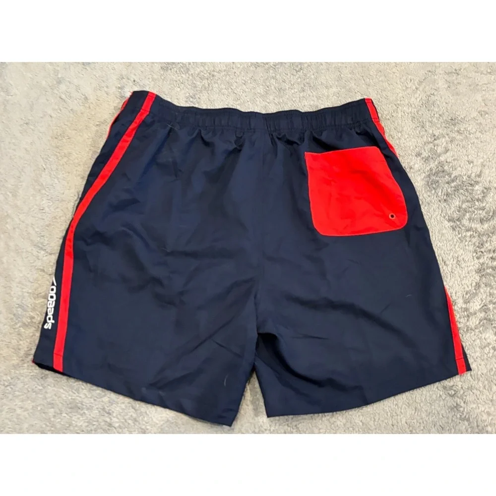 Speedo Swim Trunks Mens XL Navy Blue Mesh Lined Stripe Swimsuit Pockets